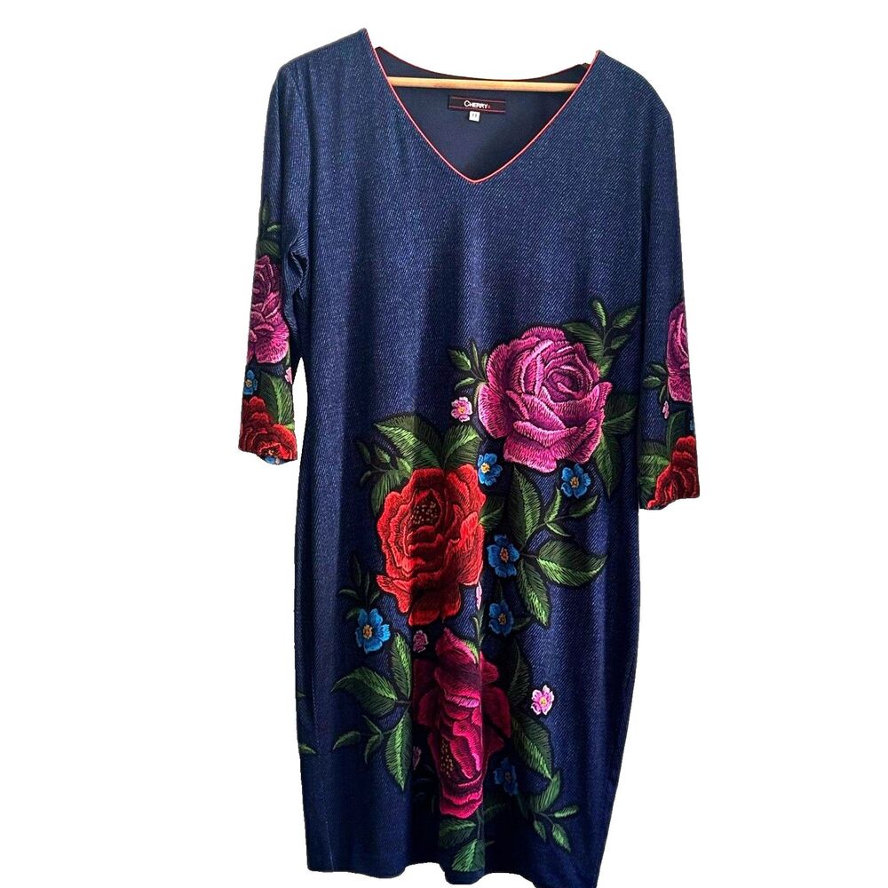 Cherry Mexico Lined Floral Dress Size 13 | Denim Look  Artsy Boho